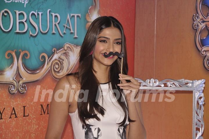 Sonam Kapoor poses with a fake moustache at the Trailer Launch of Khoobsurat