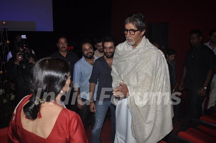 Amitabh Bachchan speaks to a guest at the launch of Shekhar Ravjiani's Hanuman Chalisa Album