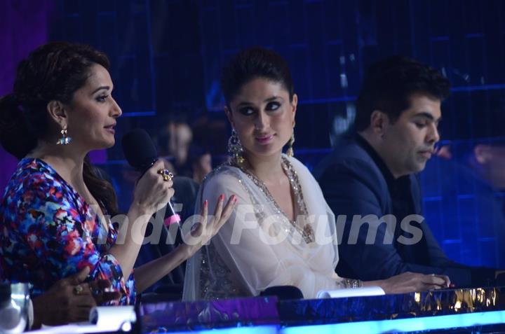 Kareena Kapoor looks over as Madhuri Dixit comments about a perfromance on   on Jhalak Dikhla Jaa