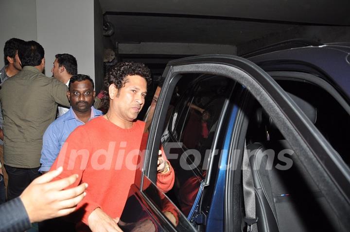 Sachin Tendulkar seen existing from the Special Screening of Lai Bhaari