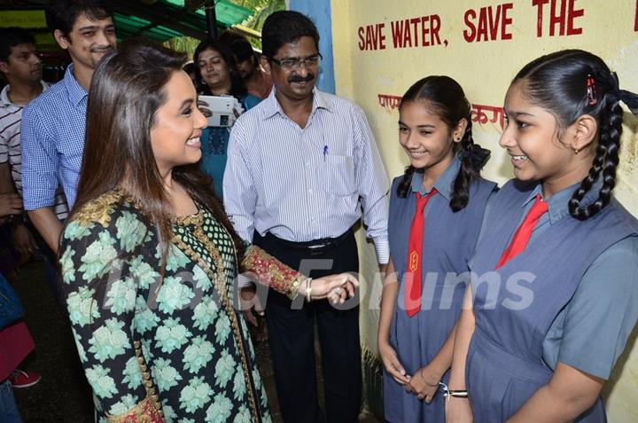 Rani Mukherjee interactes with school girls at the Promotion of Mardaani at a Local School