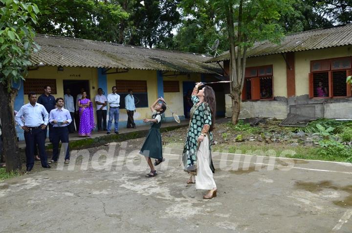 Rani Mukherjee was seen playing badminton at the Promotion of Mardaani at a Local School