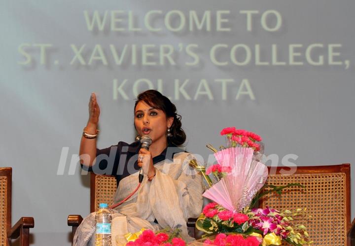 Rani Mukherjee interacts with the audience at the Promotion of Mardaani at Kolkatta