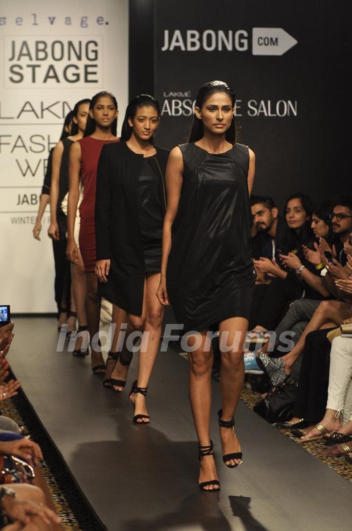 Models showcase designs for Selvage by Chandni Mohan at the Lakme Fashion Week Winter/ Festive Day 4