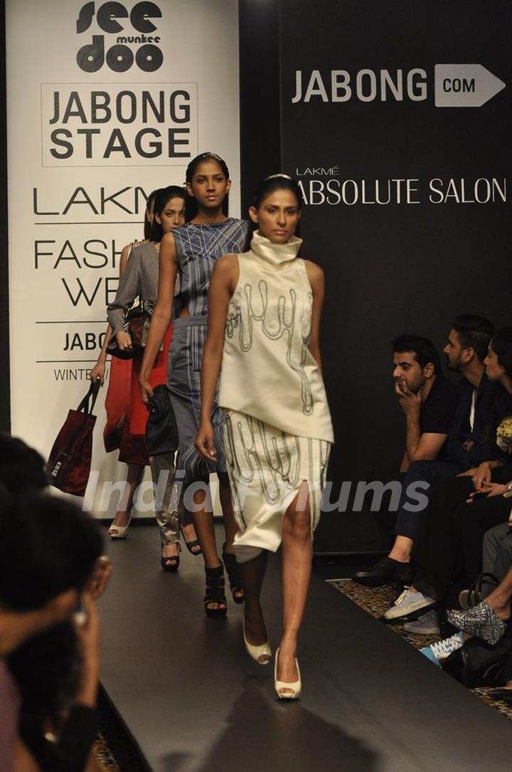 Models showcase designs by Munkee See Munkee Do at the Lakme Fashion Week Winter/ Festive 2014 Day 4