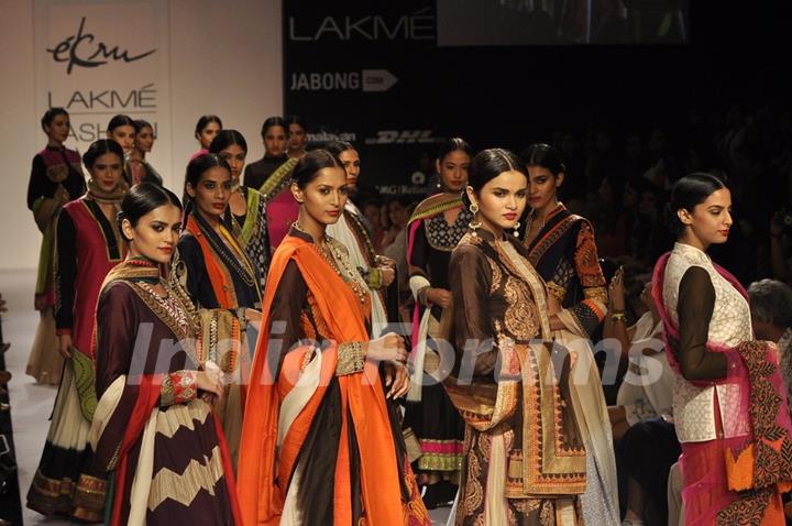 Models showcase designs by Ekru at the Lakme Fashion Week Winter/ Festive 2014 Day 4