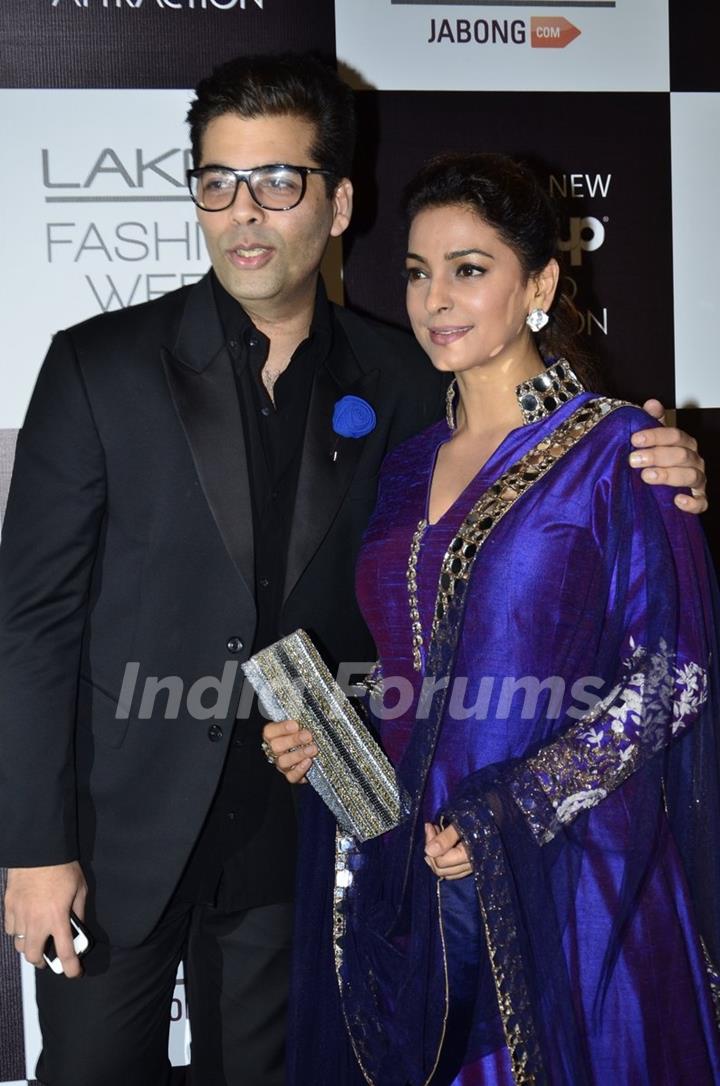 Juhi Chawla and Karan Johar were seen at the Lakme Fashion Week Winter/ Festive 2014 Day 6