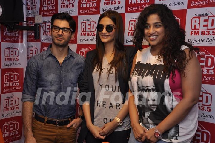 Sonam Kapoor and Fawad Khan pose with Rj Malishka at the Promotions of Khoobsurat on 93.5 Red FM