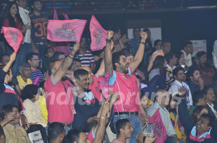 Abhishek Bachchan celebrates his win at the Pro Kabbadi League Semi Finals