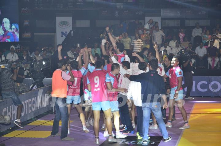 Abhishek Bachchan celebrates his win at the Pro Kabbadi League Semi Finals