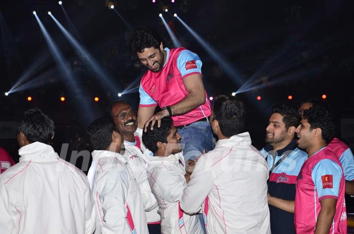 Abhishek Bachchan celebrates his win at the Pro Kabbadi League Semi Finals