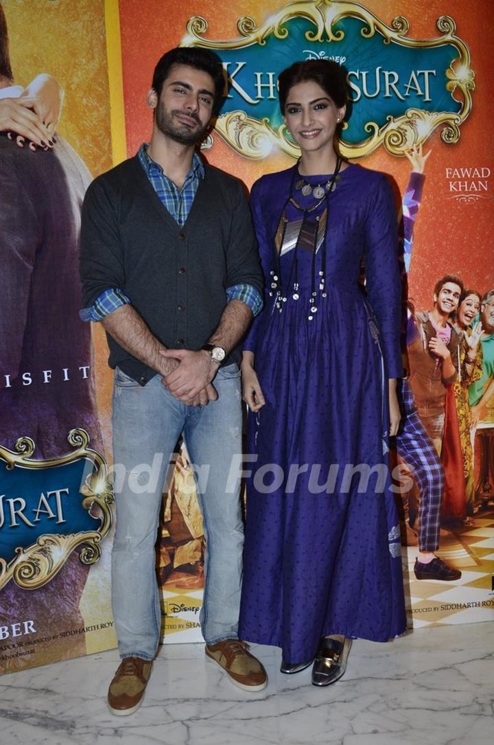Sonam Kapoor and Fawad Khan pose for the media at the Promotions of Khoobsurat