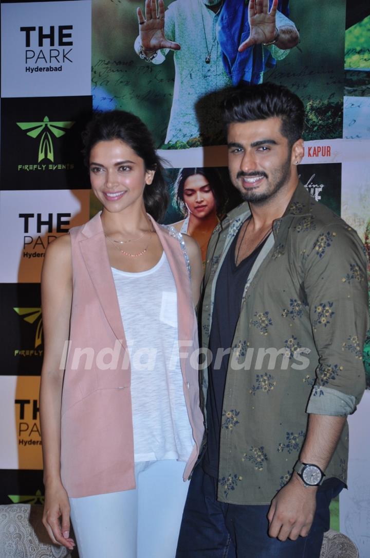 Arjun Kapoor and Deepika Padukone pose for the media at the Press Meet of Finding Fanny in Hyderabad