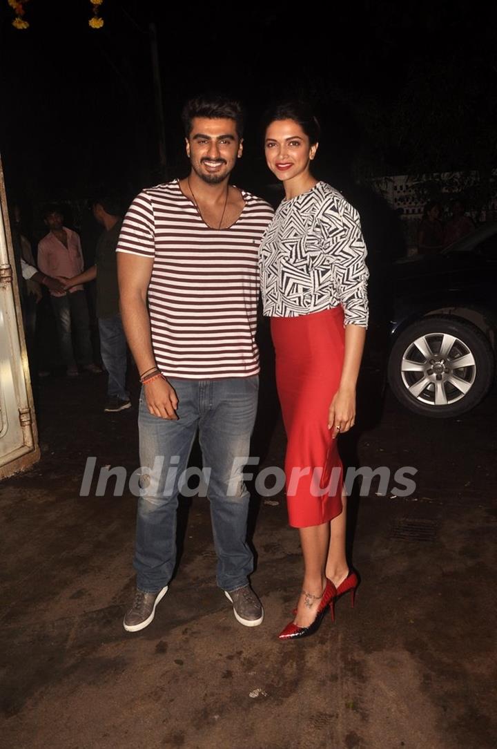 Arjun Kapoor and Deepika Padukone pose for the media at the Screening for Finding Fanny