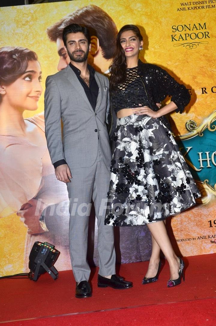 Sonam Kapoor and Fawad Khan pose for the media at the Music Launch of Khoobsurat