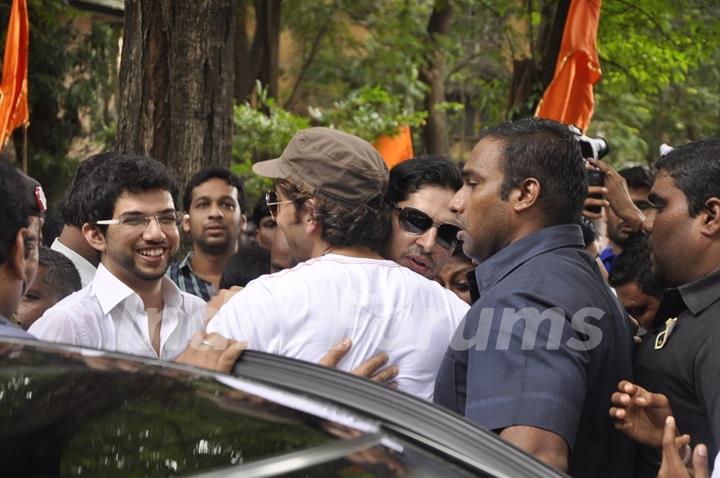 Hrithik Roshan greets Dino Morea at the Launch of DM Fitness