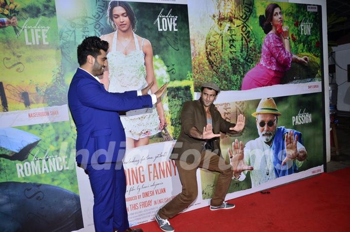 Arjun and Ranveer pose at the Special Screening of Finding Fanny