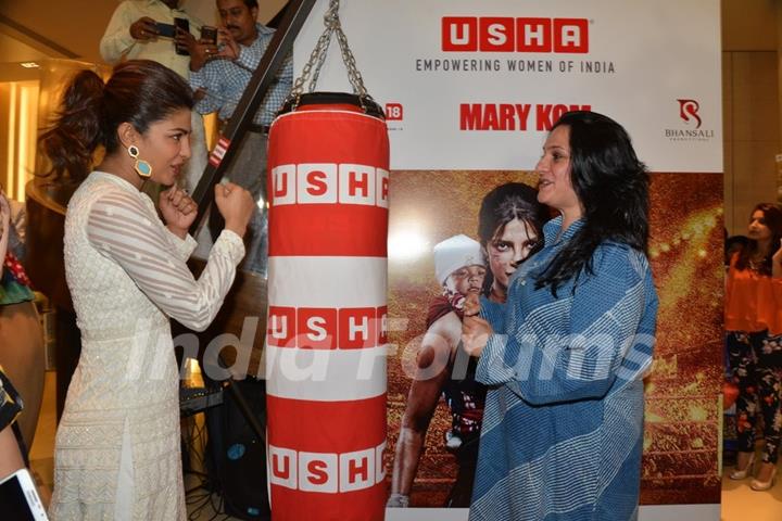 Priyanka teaches some boxing moves at the Promotions of Mary Kom at Usha World