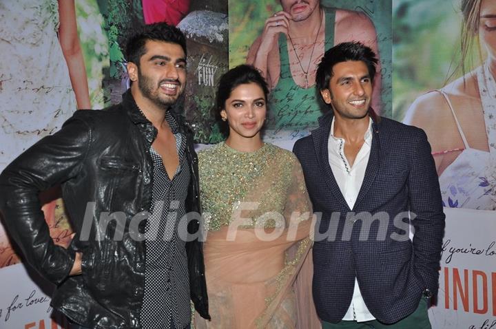 Arjun Kapoor, Deepika Padukone and Ranveer Singh pose for the media at Success Bash of Finding Fanny