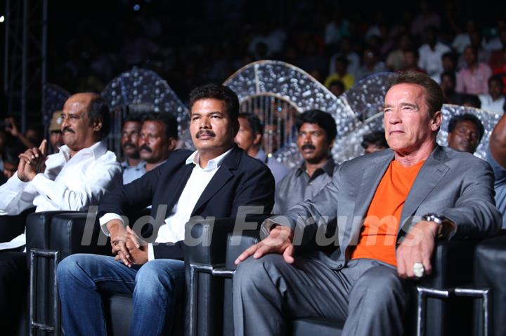 Rajnikhanth and Arnold Schwarzenegger spotted at the Audio Launch of the Movie &quot;I&quot;