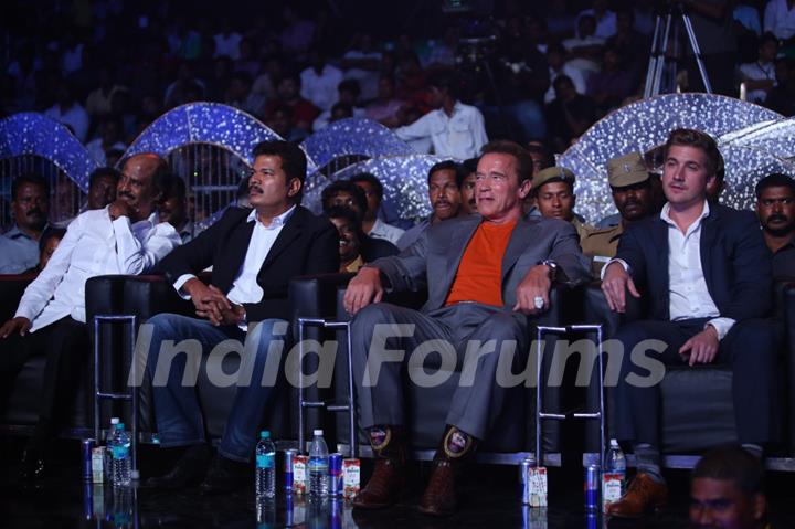 Rajnikhanth and Arnold Schwarzenegger spotted at the Audio Launch of the Movie &quot;I&quot;