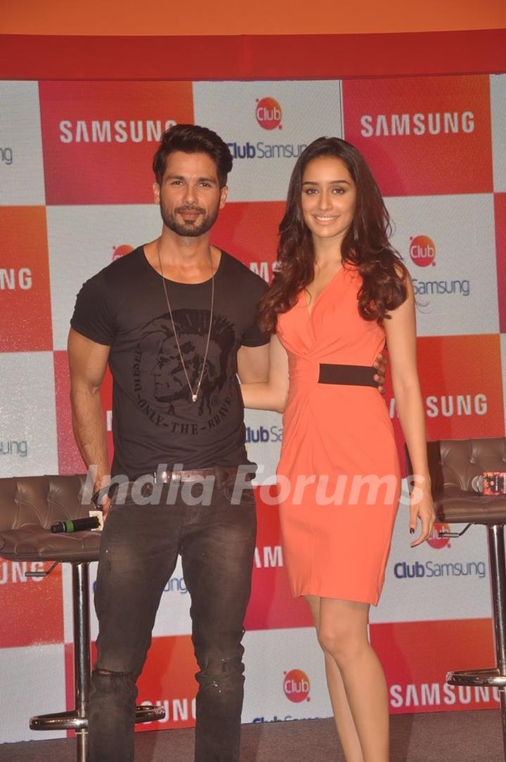 Shraddha Kapoor and Shahid Kapoor pose for the media at the Promotion of Haider