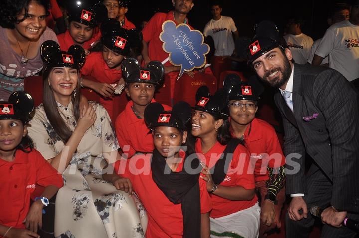 Sonam Kapoor and Fawad Khan pose with young fans at the Special Screening of Khoobsurat