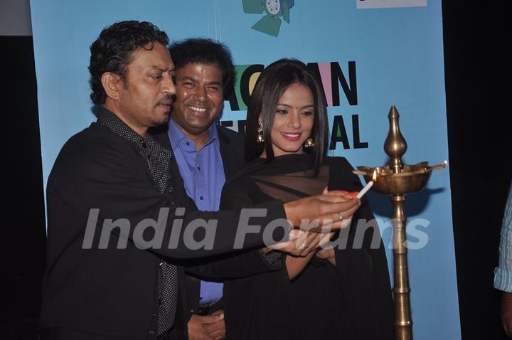 Irrfan Khan and Neetu Chandra light the lamp at the Launch of 5th Jagran Film Festival