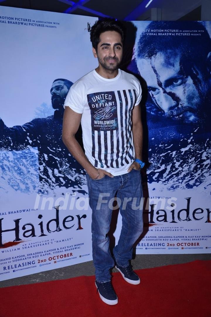 Ayushmann Khurrana poses for the media at the Special screening of Haider