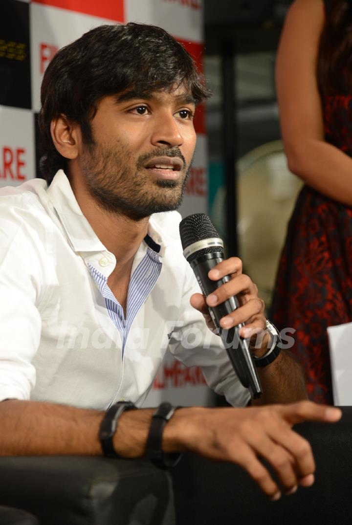 Dhanush addresses the media at the at Filmfare Readers Meet at the Reliance Digital Store