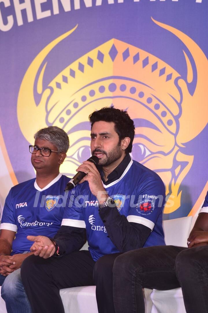 Abhishek Bachchan addressing the audience at the ISL Chennai FC team launch