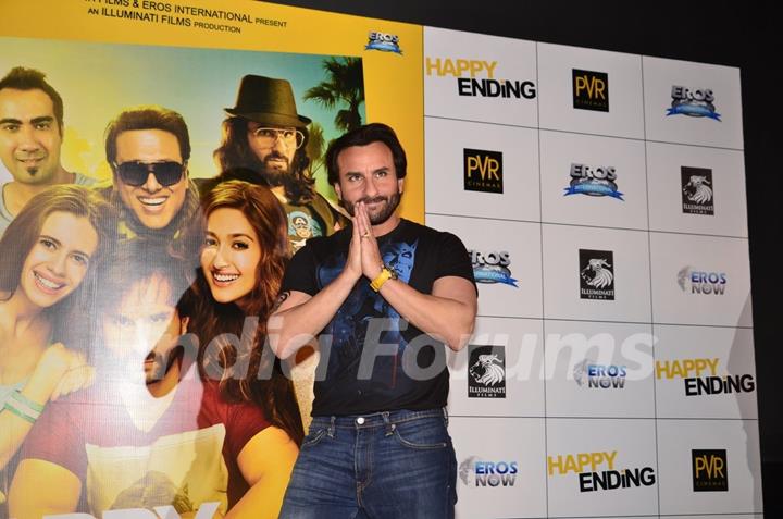 Saif Ali Khan greets the audience at the Trailer Launch of Happy Ending