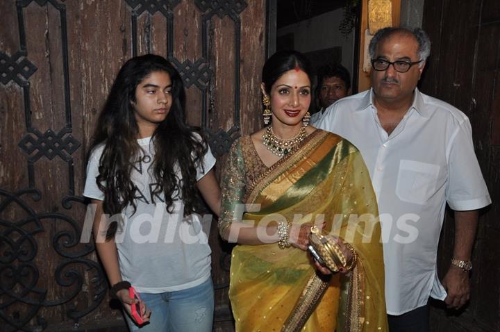 Sridevi Kapoor, Boney Kapoor and Khushi Kapoor pose for the media at Karva Chauth Celebrations