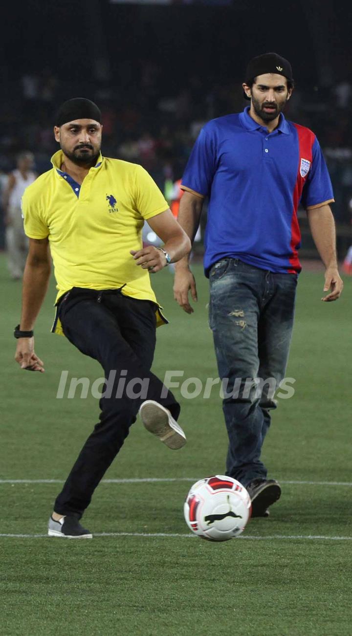 Harbhajan Singh and Aditya play some football at the Opening Ceremony of the Indian Super League