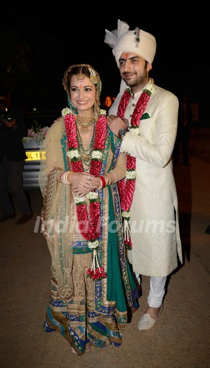 Dia Mirza and Sahil Sangha pose for the media at their Wedding Ceremony