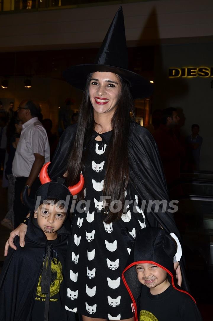Tara Sharma poses with her kids at Palladium Halloween Bash