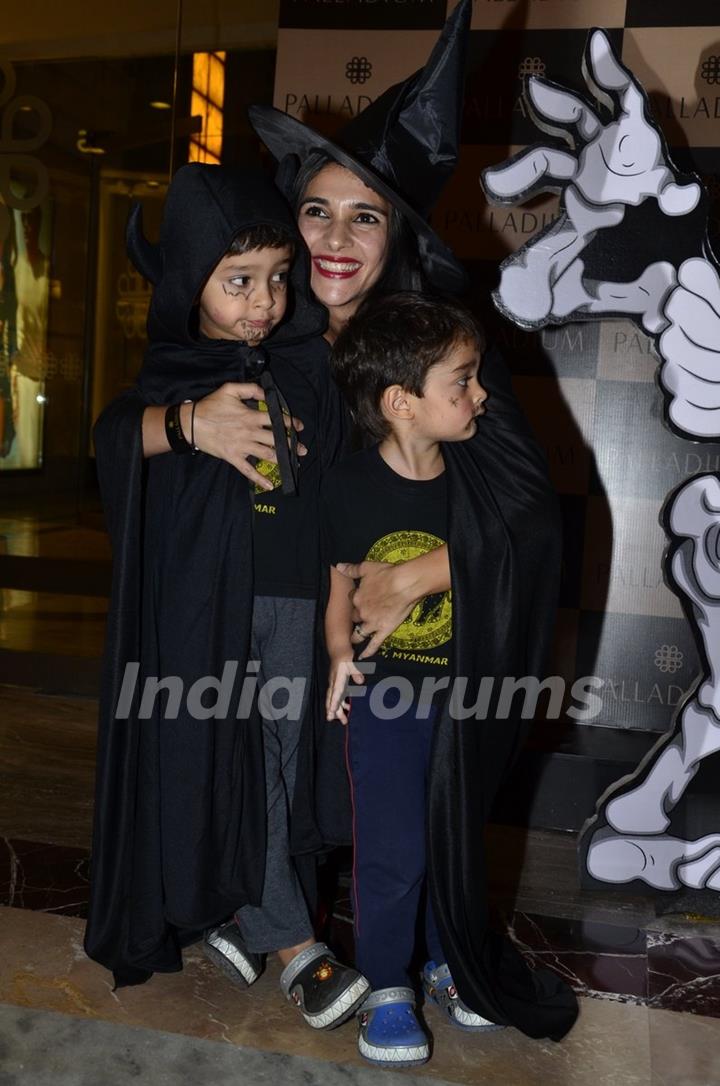 Tara Sharma poses with her kids at Palladium Halloween Bash