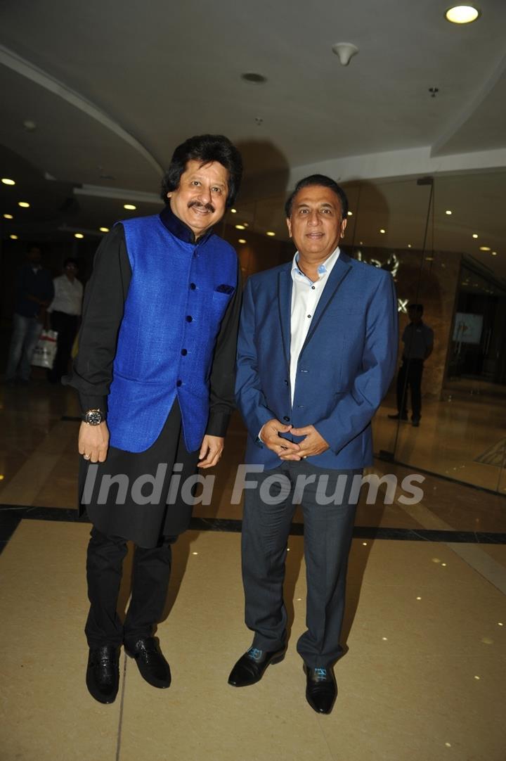 Sunil Gavaskar and Pankaj Udhas pose for the media at the Launch of Album 'Khamoshi Ki Aawaz'