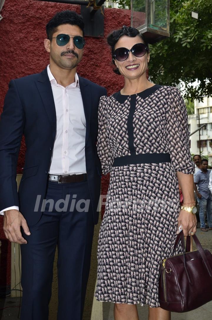 Farhan Akhtar and Adhuna Akhtar pose for the media at UN WOMEN Press Meet