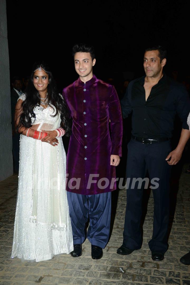 Salman Khan poses with Arpita Khan and Aayush Sharma at Flaknuma Palace
