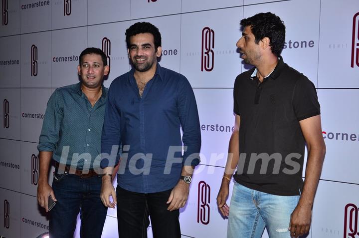 Ajit Agarkar, Zaheer Khan and Ashish Nehra pose for the media at Rohit Sharma's Bash