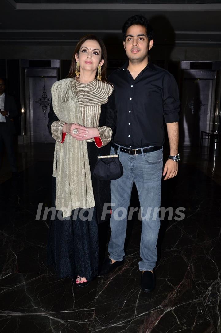 Nita Ambani poses with son Akash Ambani at Rohit Sharma's Bash