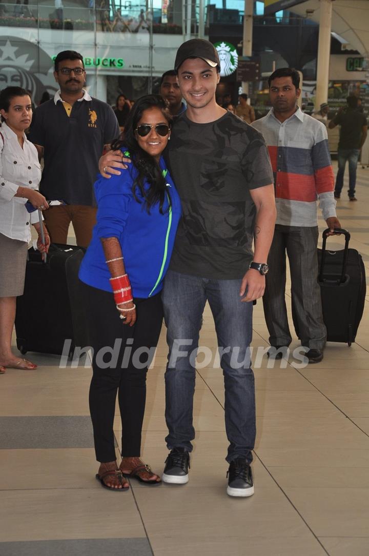 Arpita Khan and Aayush Sharma pose for the media at Airport