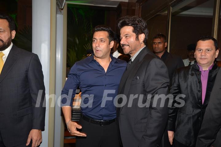 Salman Khan and Anil Kapoor pose for the media at Arpita Khan's Wedding Reception