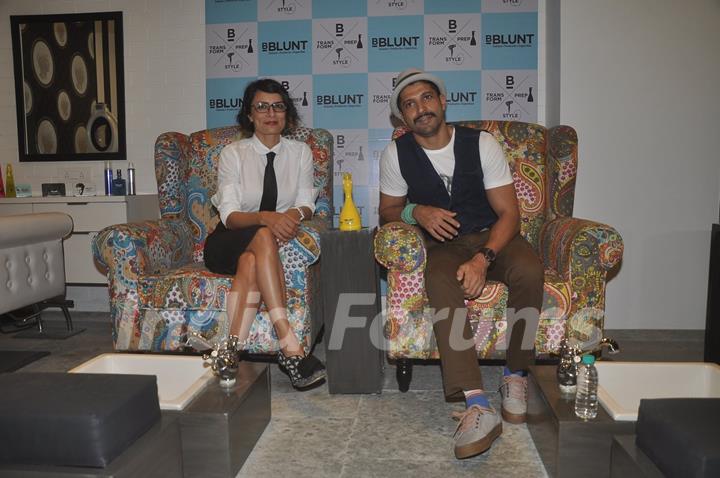 Farhan Akhtar and Adhuna Akhtar pose for the media at the Launch of BBlunt Salon