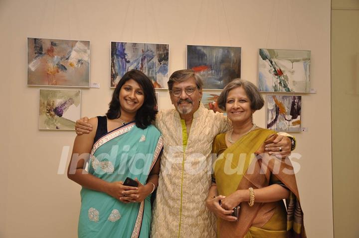 Amol Palekar poses with his wife and daughter at the Art Exhibition