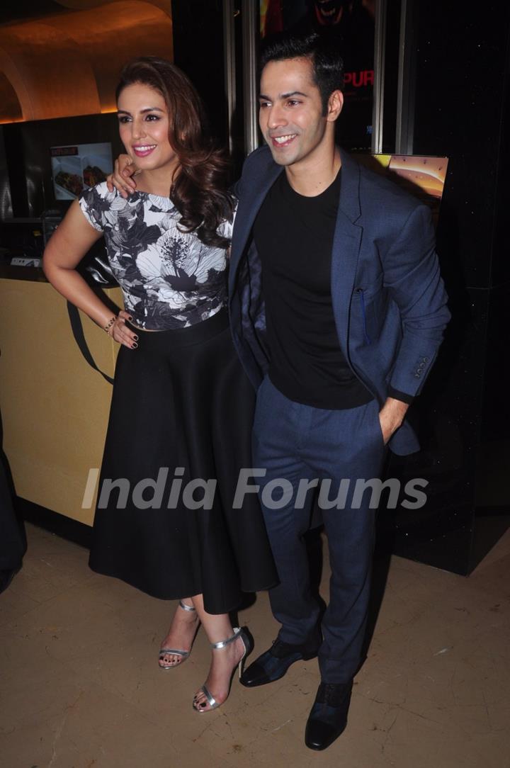 Huma Qureshi and Varun Dhawan pose for the media at the Trailer Launch of Badlapur