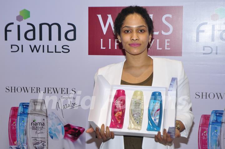 Masaba Gupta poses with the products at the Launch of Fiama Di Wills Shower Jewel