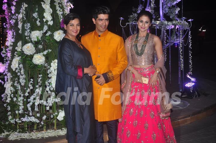 Shabana Azmi and Urmila Matondkar pose with Manish Malhotra at the Sangeet Ceremony