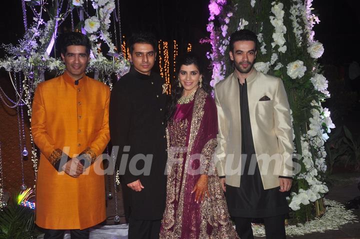 Manish Malhotra poses with Riddhi Malhotra and Tejas Talwalkar at the Sangeet Ceremony